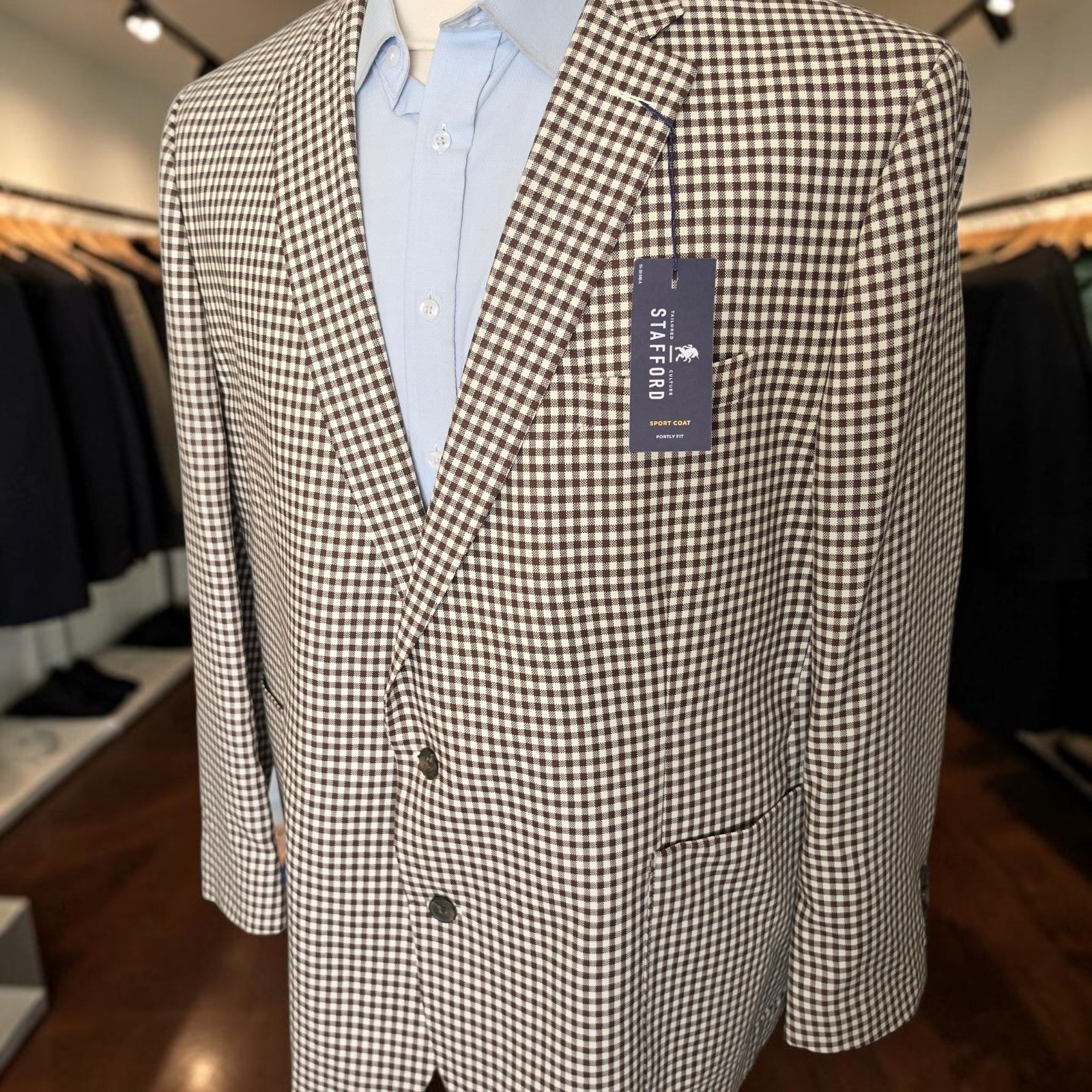 New Stafford Blazer 48r Portly Gingham Check Brown Wool