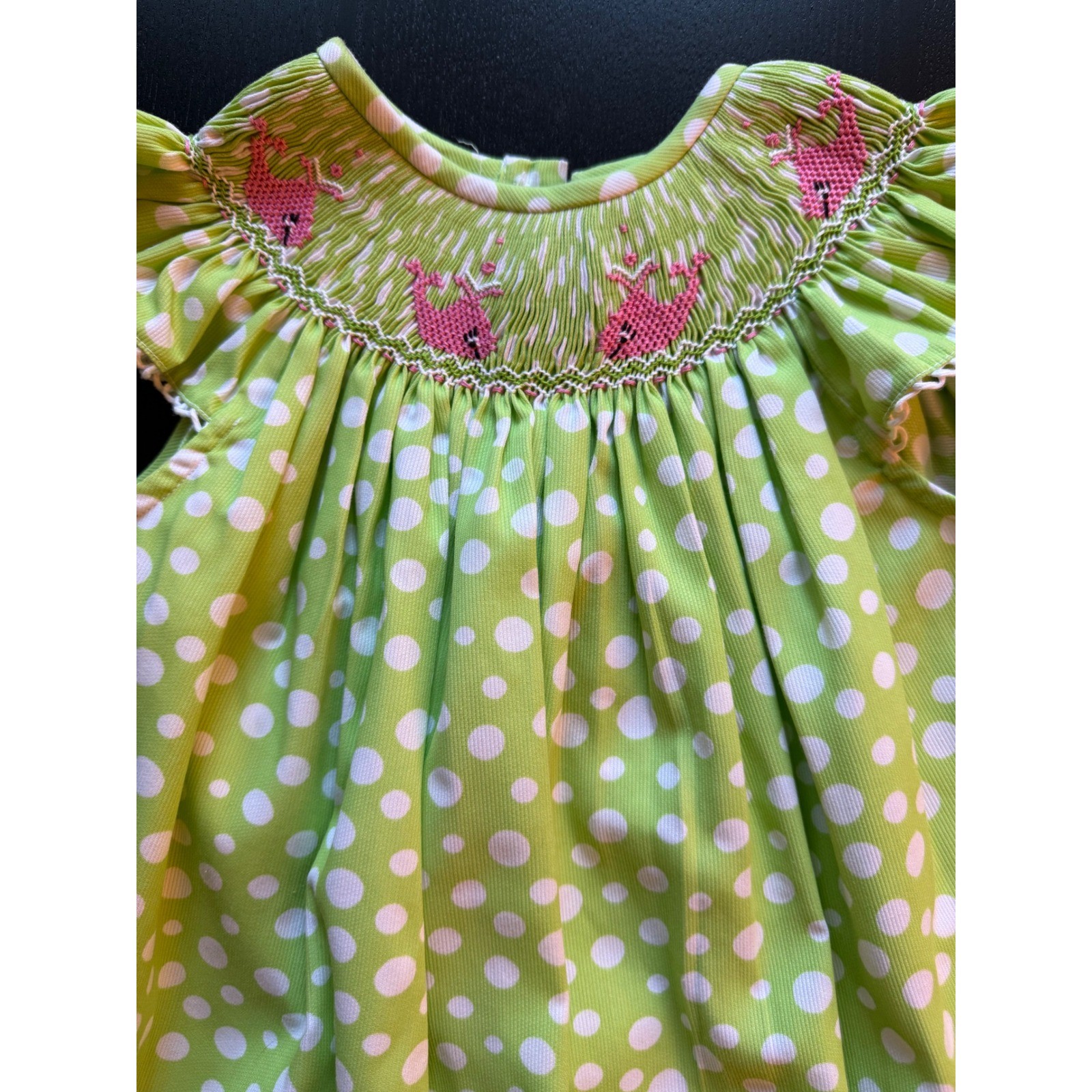 Amanda Remembered Smocked Whale Dress Girls Size 4T Green Polka Dot Short Sleeve