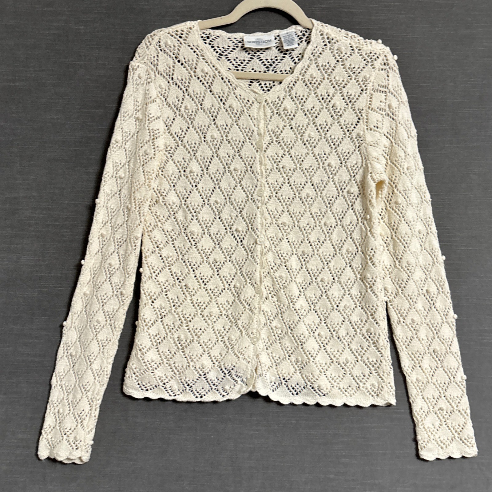 Vintage Nordstrom Sweater S Cream Cotton Ramie Pointelle Bobble Knit Cardigan