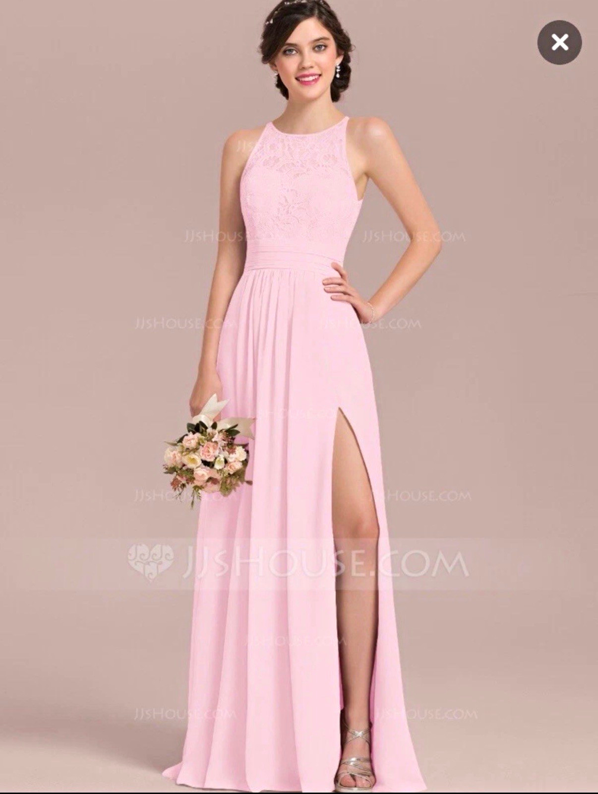 JJ\'s House Pink lace Sleeveless A-Line Fitted Bridesmaid Dress front Slit.