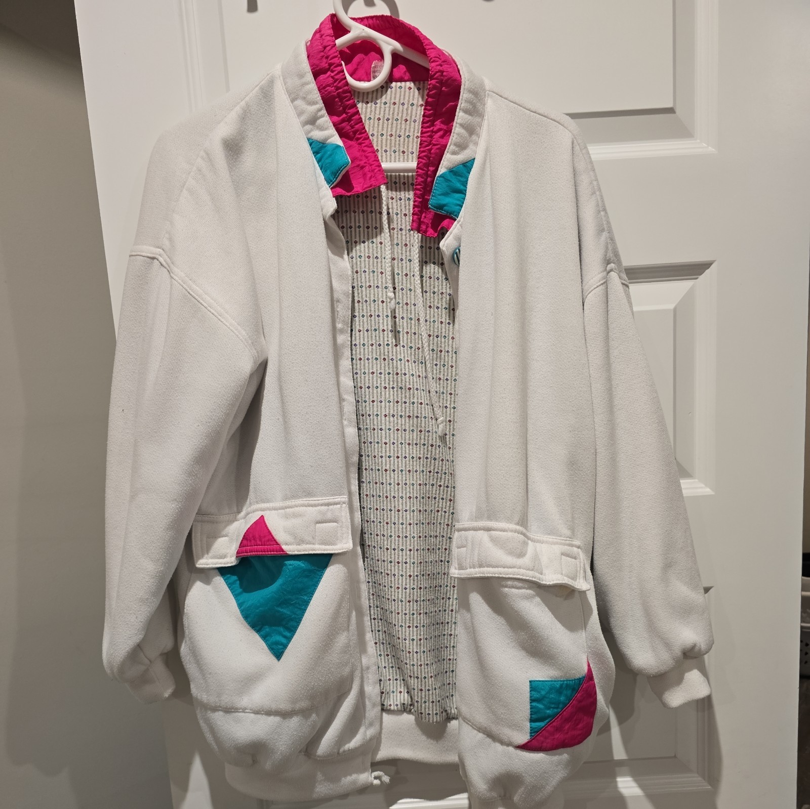 Vtg Women’s 80s Reversible Jacket Retrocore Button Up One Size White Geometric 