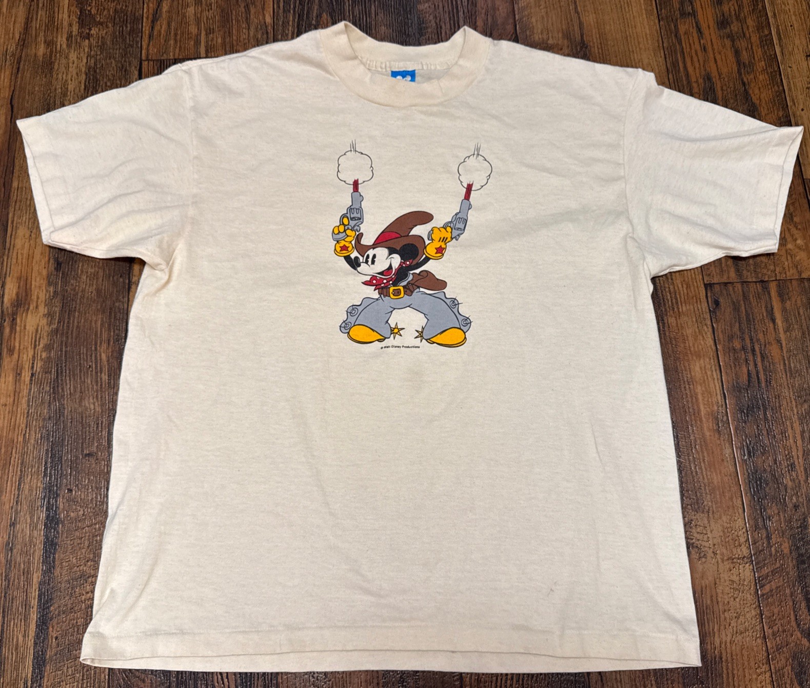Vintage Disney Mickey Mouse Cowboy Two-Gun T-Shirt Size xl beige