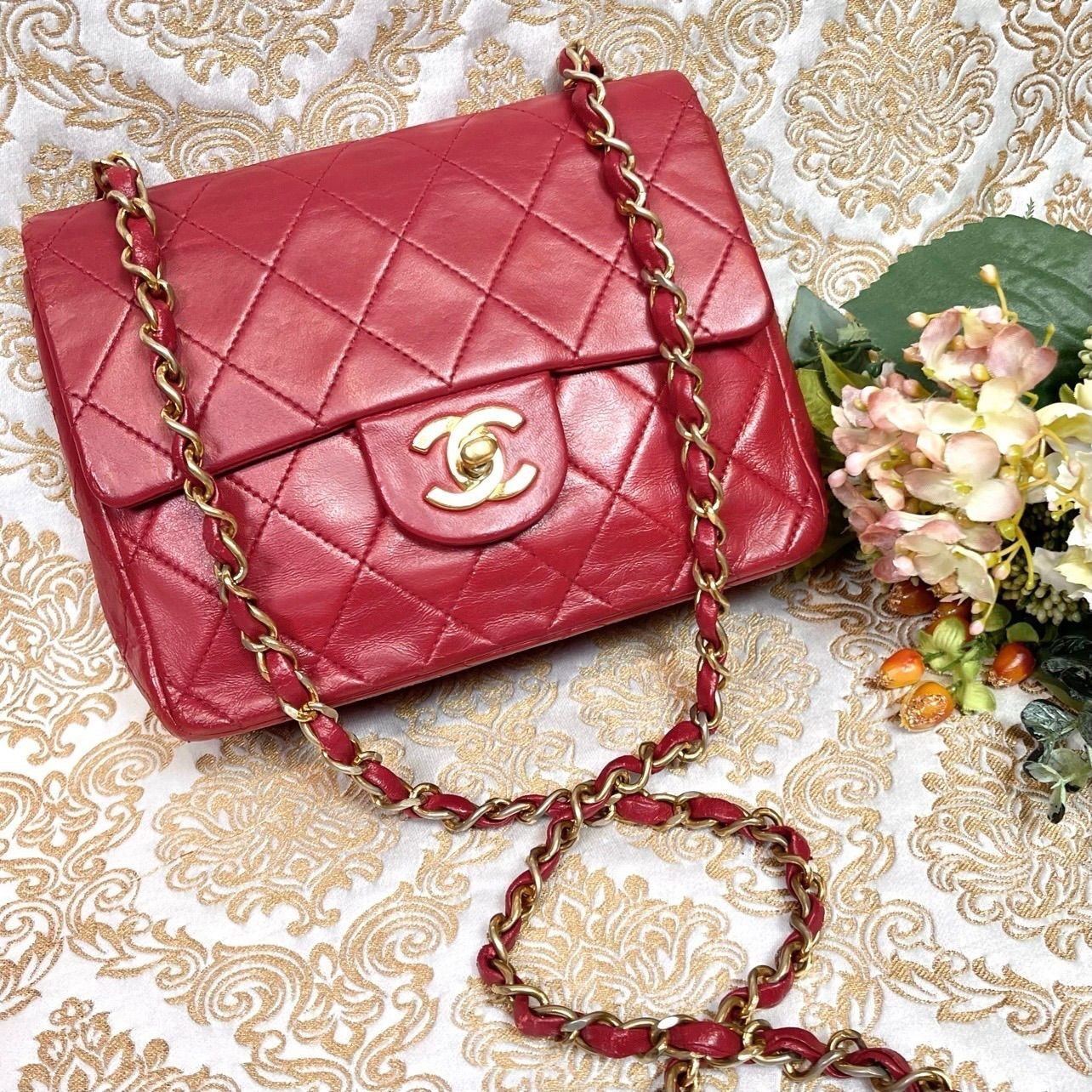 Authentic CHANEL Classic Mini Matelasse  Chain Bag Red Gold HW Vintag