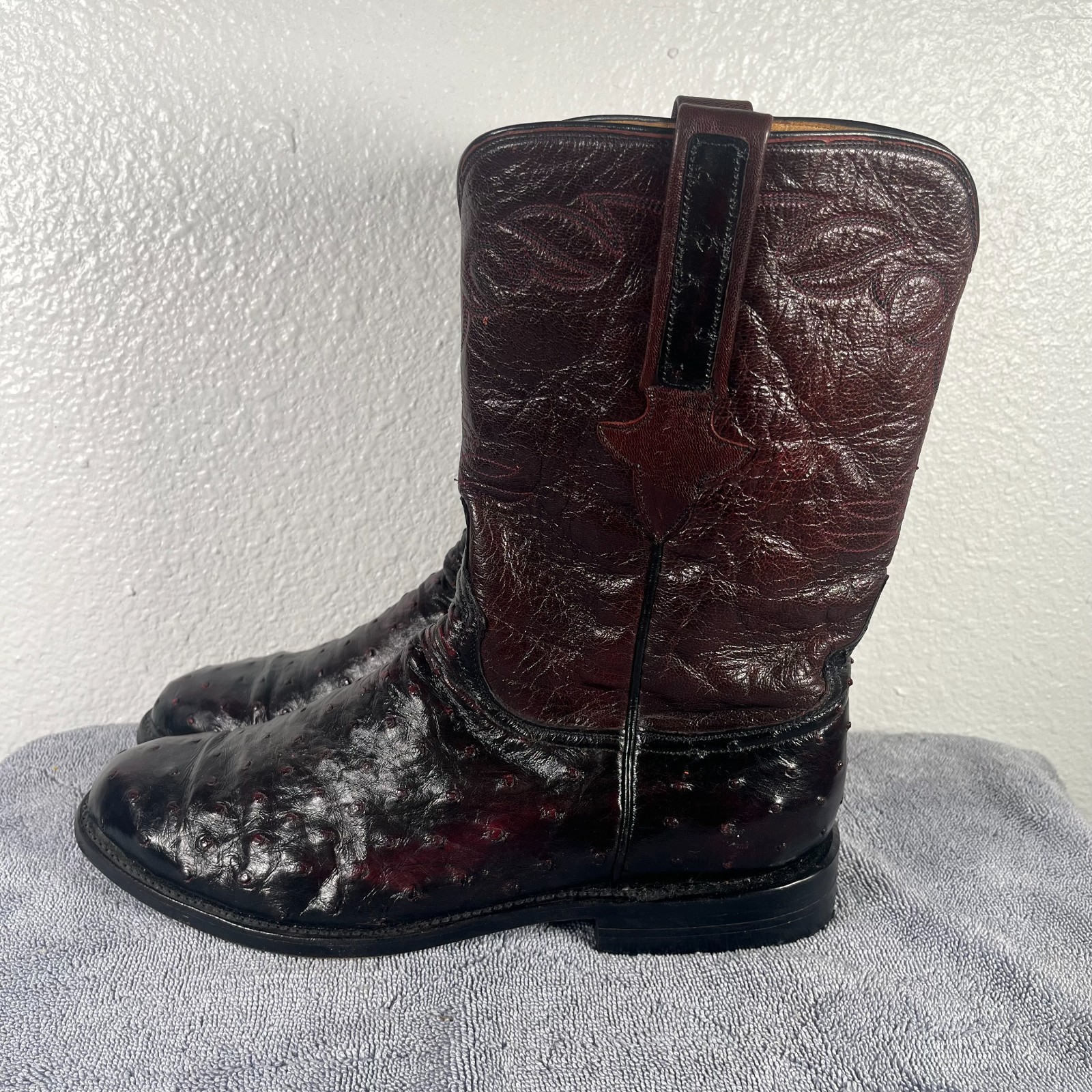 VTG Lucchese Classic Roper Cowboy Boots Mens 9 D Ostrich Black Cherry Leather