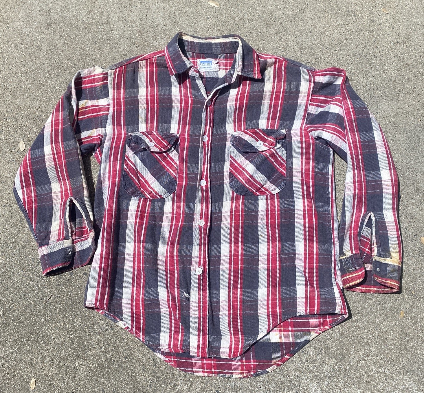 Vintage 50s 60s Cotton Flannel Montgomery Ward Sanforized M/L Plaid Distressed 
