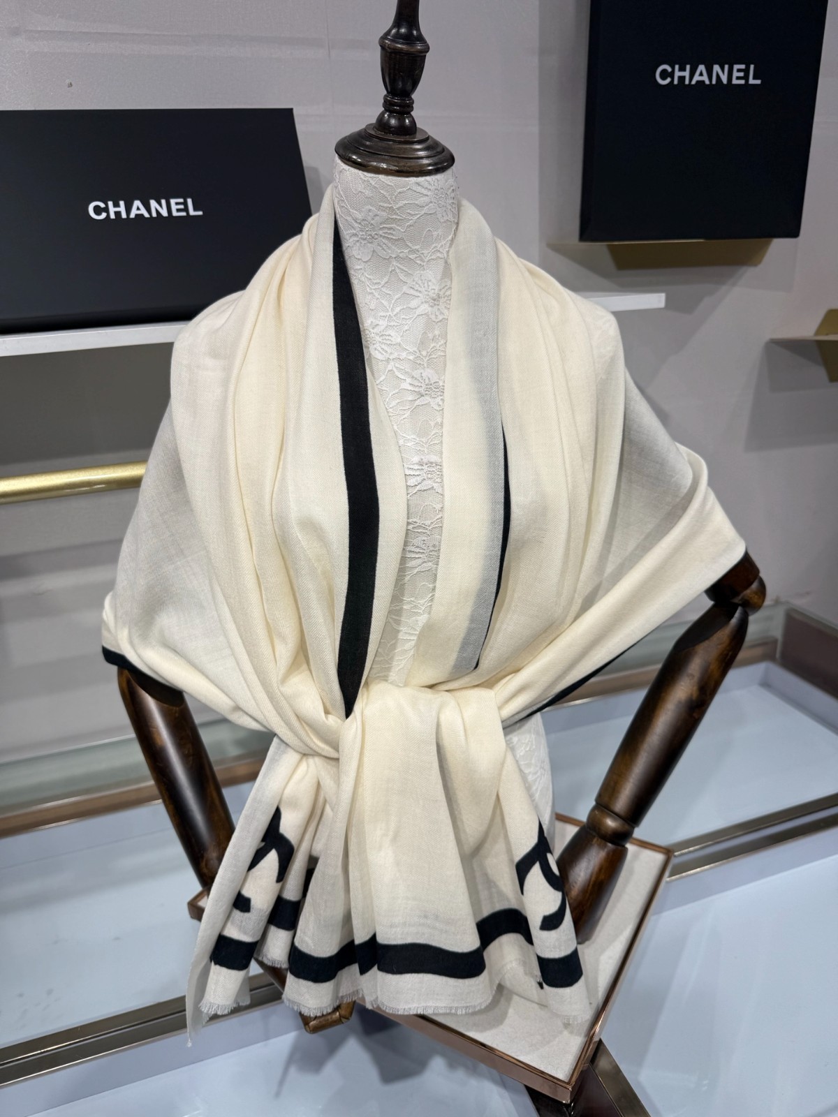 CHANEL Cream Black Trim Shawl Scarf Wrap 100x200cm