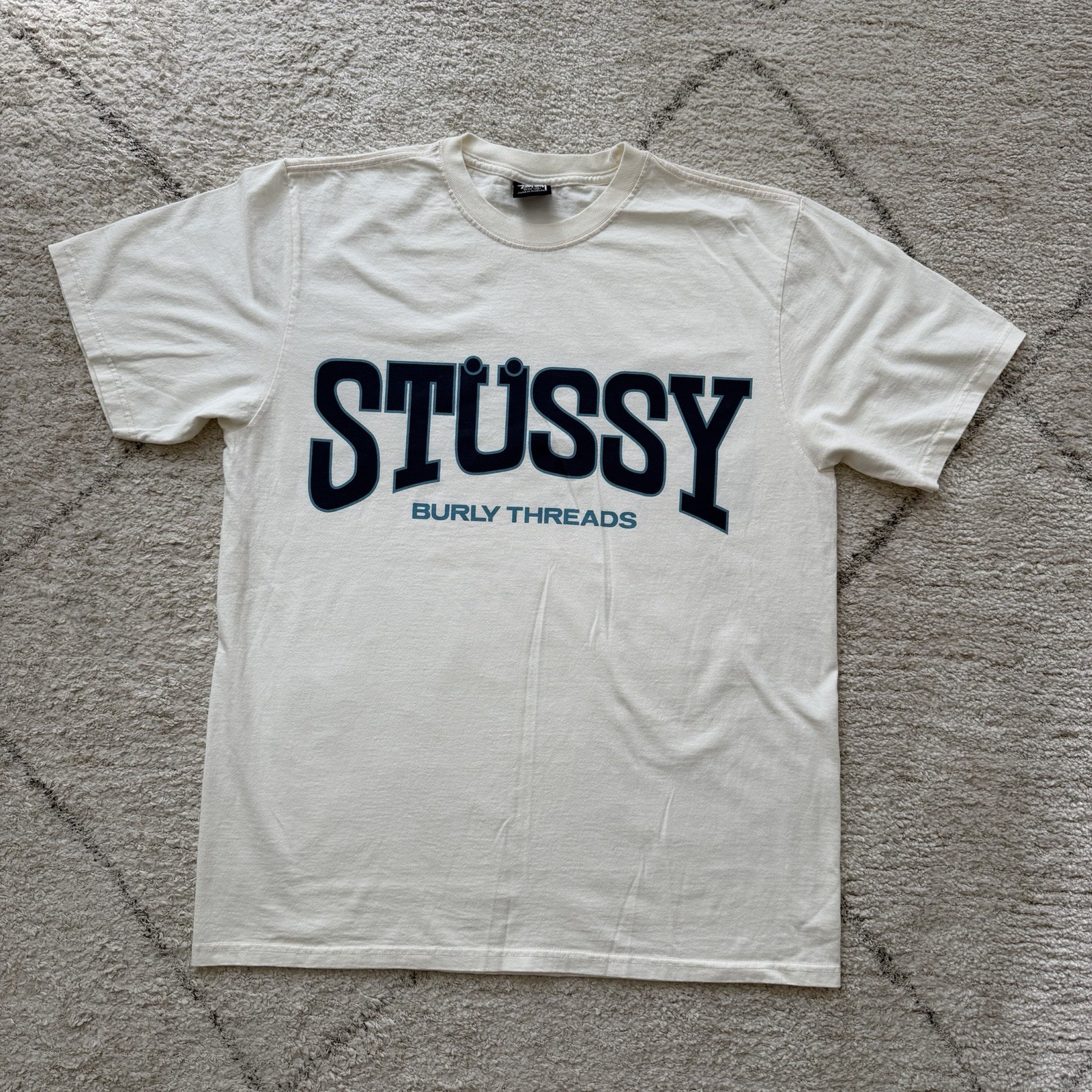 Stussy Burly Threads Graphic T-Shirt Men’s Large Natural Cream Double Sided