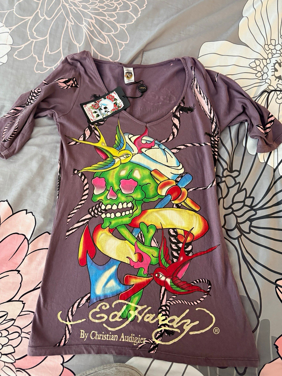 NWT Vintage/Y2K Ed Hardy Women’s Purple Graphic Skull Tattoo 3/4 Sleeve L