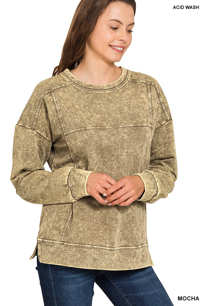 Zenana TTW-5354Y Exposed Seam Acid Washed Sweatshirt Mocha