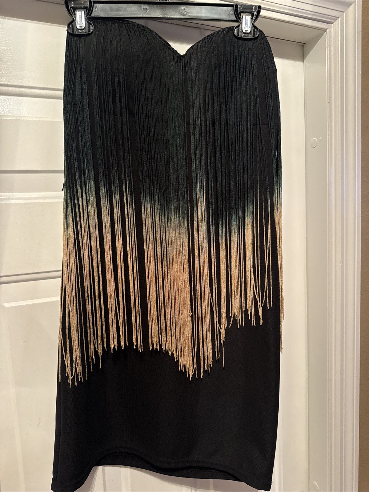 Sara Boo Women’s Strapless Gold & Black Fringe Mini Dress Size L