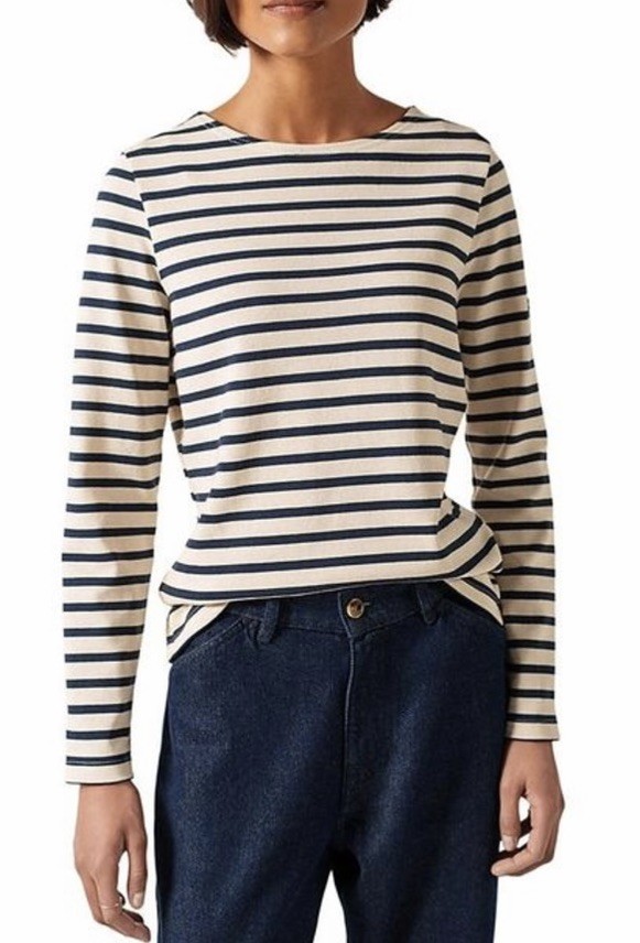 Saint James Meridame II Shirt Women 32 Ecru Navy Blue-White Striped Nautical