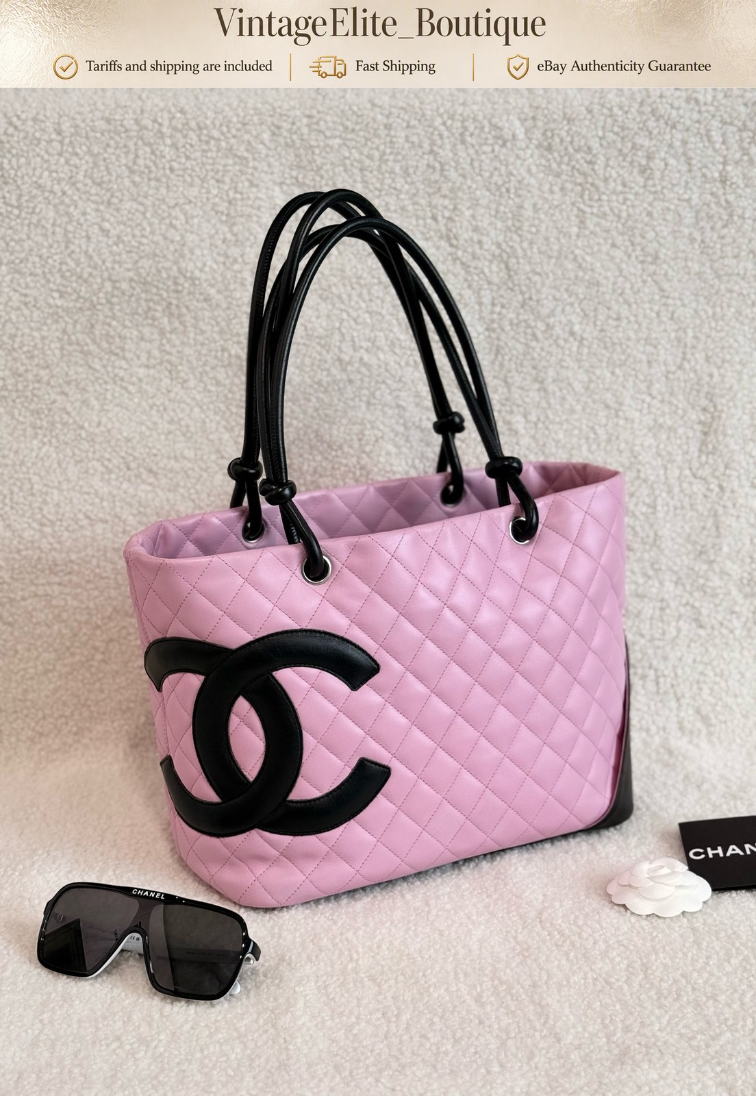 Chanel Cambon Medium Pink Leather Silver HW Shoulder Tote Preowned Authentic