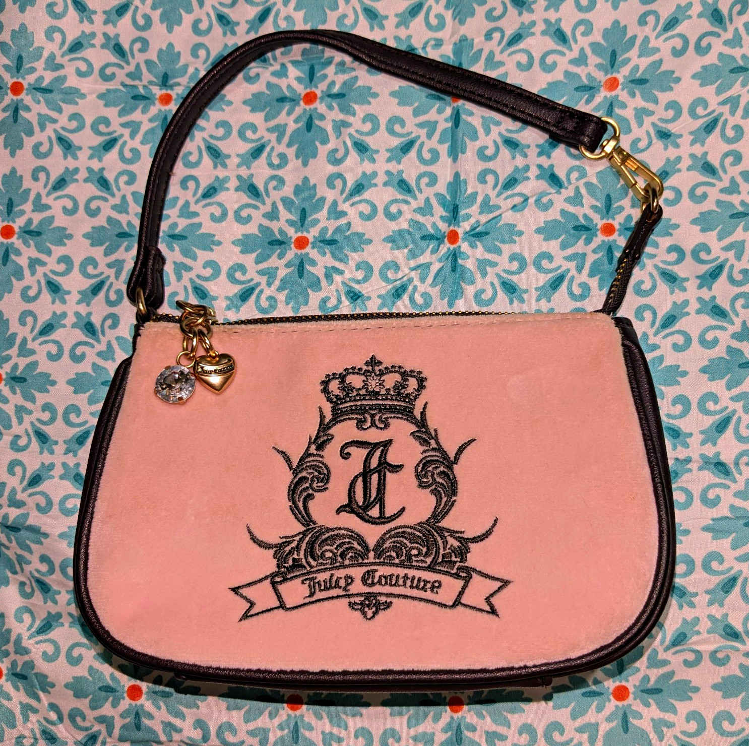 Juicy Couture Pink Velour Shoulder Bag Brown Trim Gold Charm Zip Closure