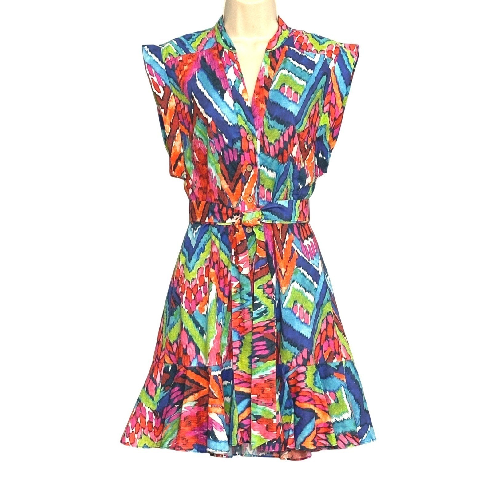 Willa Story Women Dress XS Colorful Abstract Ikat Button Up Artsy Retro Resort