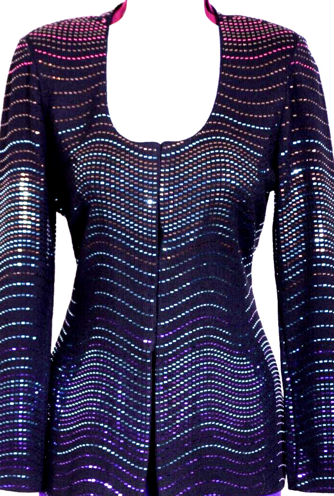 ST.JOHN Women\'s Knit Green Black Pink Purple Sequins Shimmer Jacket Sz 8