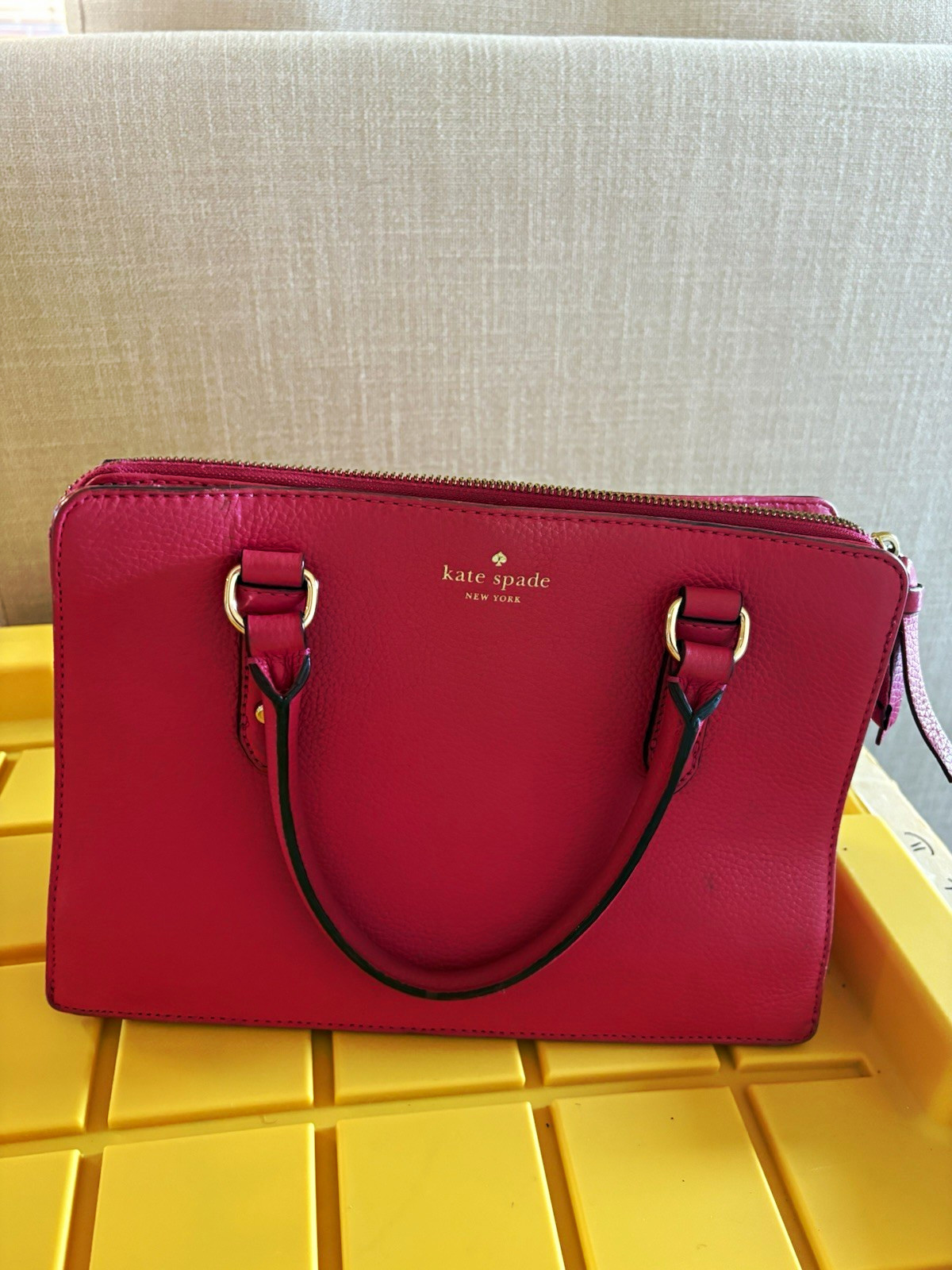 Kate Spade New York Pink Pebbled Leather Zip Satchel Top Handle Detachable Strap