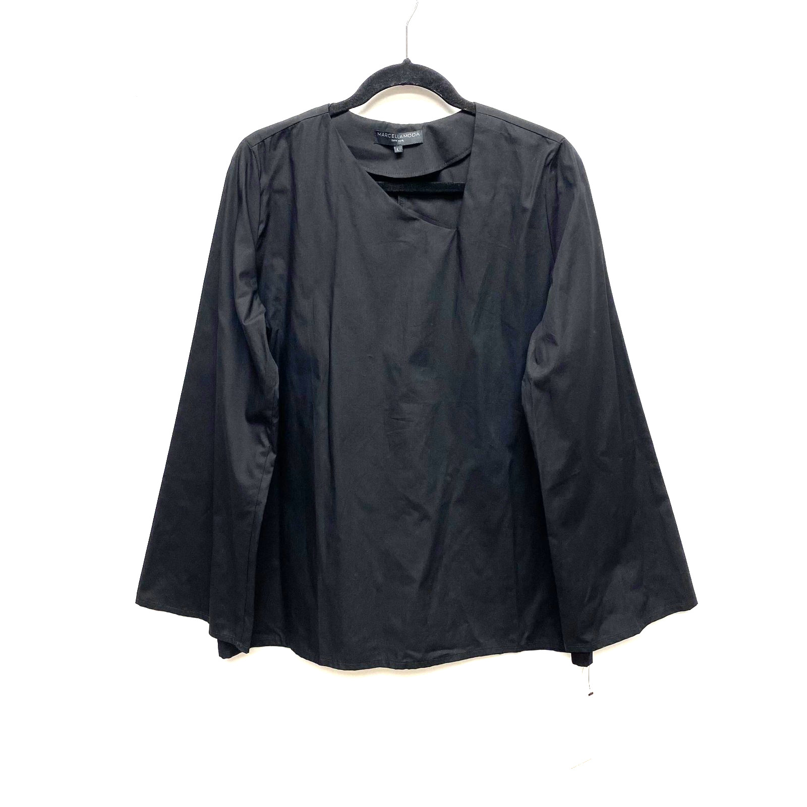 Marcellamoda New York Womens Black Asymmetric V-Neck Flutter Sleeve Blouse L
