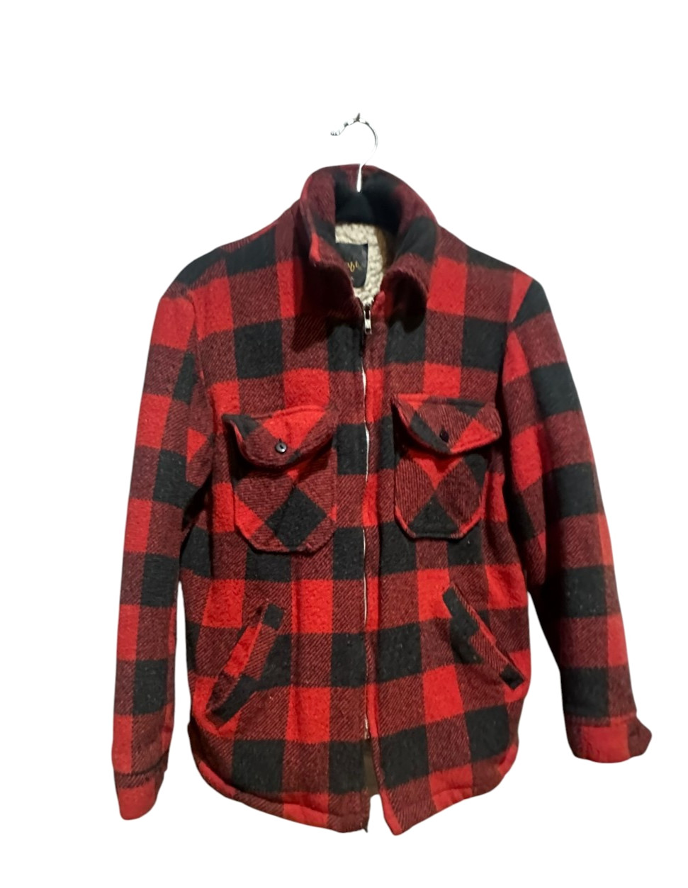 Vtg 70s Cal Craft Buffalo Plaid Check Red & Black Wool Sherpa Jacket Mens Sz M