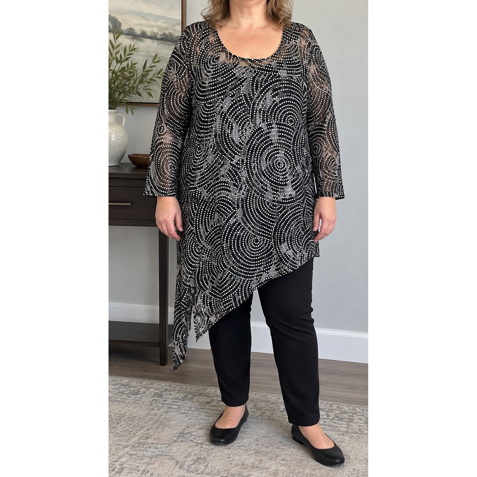 Coldwater Creek 3X Black White Polka Dot Swirl Sheer Lace Asymmetrical Tunic