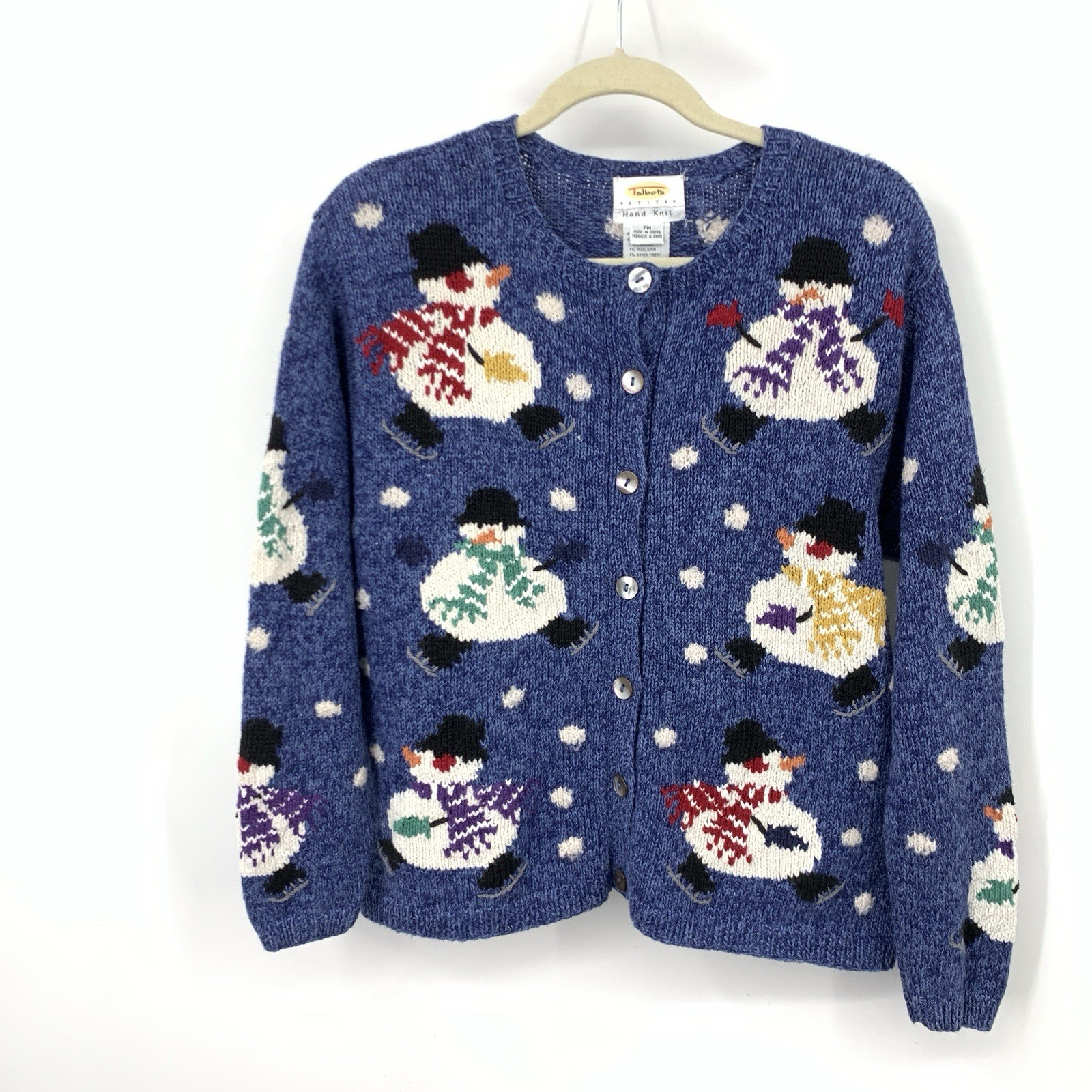 Talbots Women Size Medium Petite PM Sweater Vintage 90s Snowman Cardigan Top