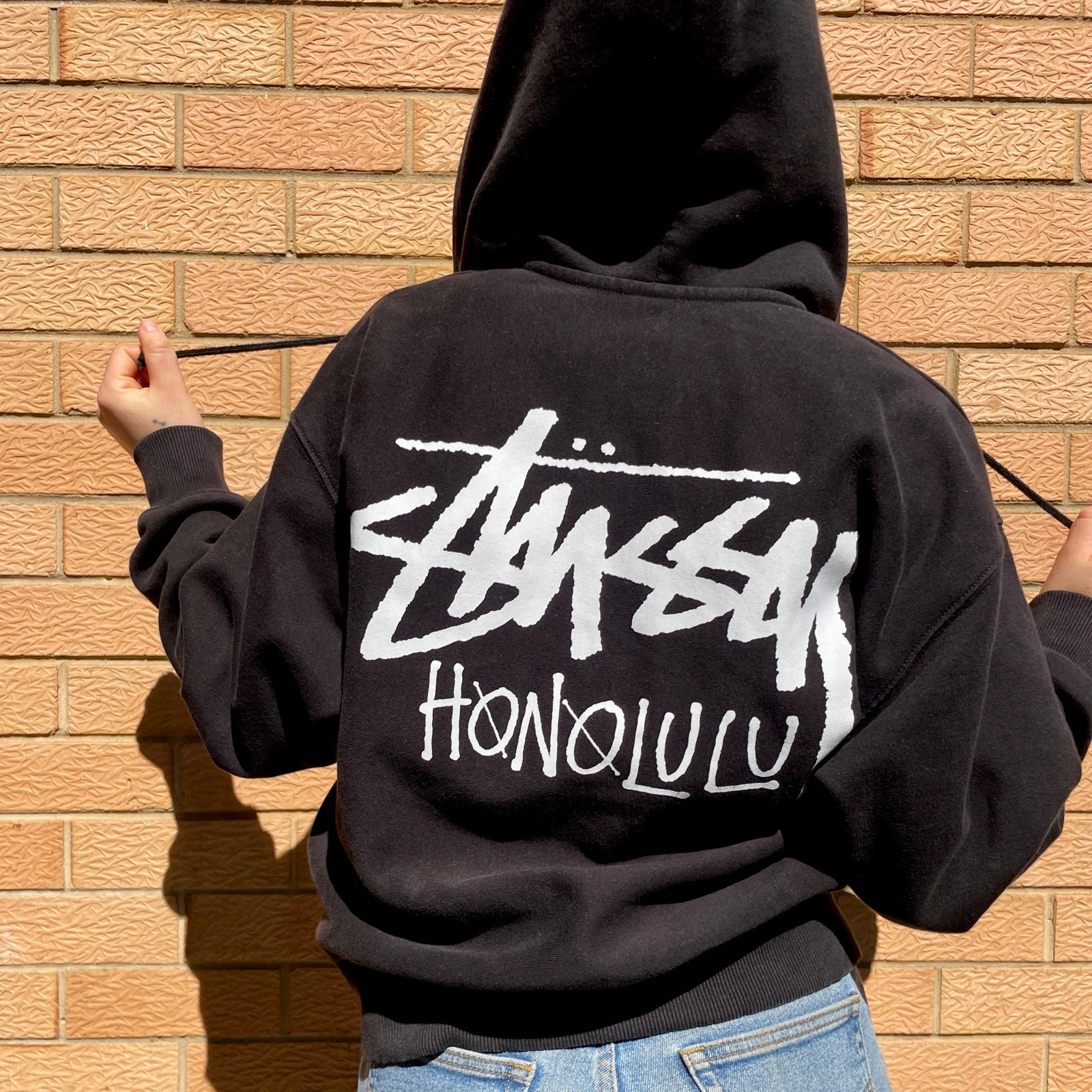 Stüssy Honolulu Black Full Zip up Hoodie Graphic Logo Print Womens Size S cotton