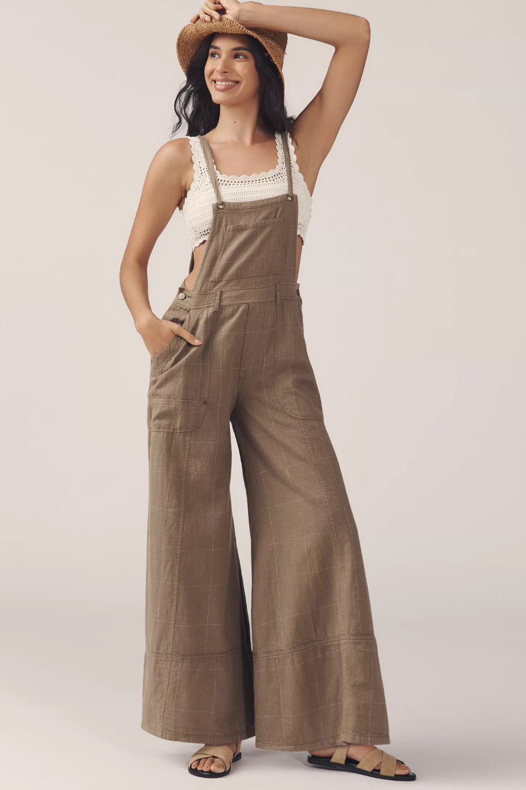 Anthropologie Pilcro Carpenter Wide Leg Linen Cotton Jumpsuit Window Pane XS NWT
