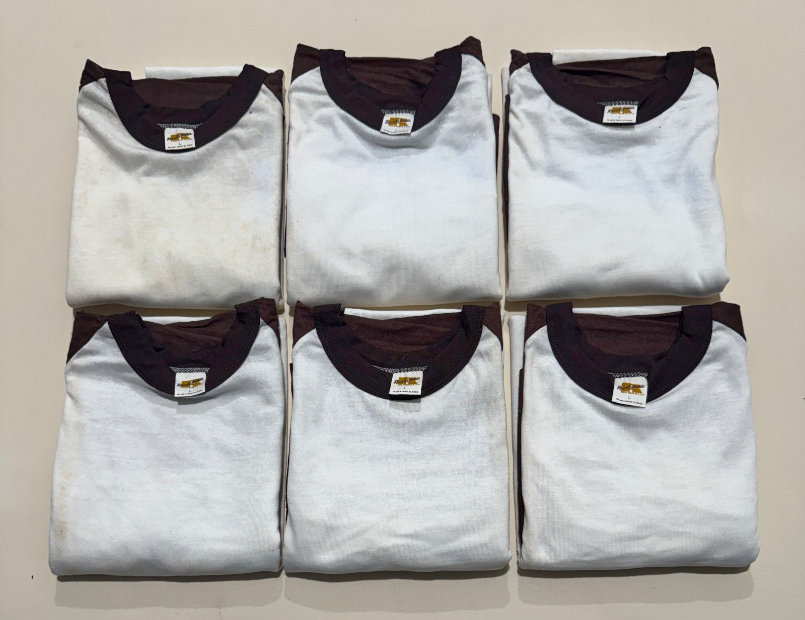 Vintage Russell Athletic Baseball Tee Lot (6) L Brown/White Blank NOS Made USA