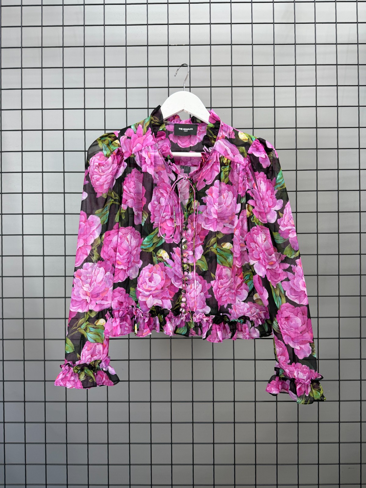The Kooples Paris Women’s Floral Sheer Blouse Size 2 Pink Black Rose Ruffle Top