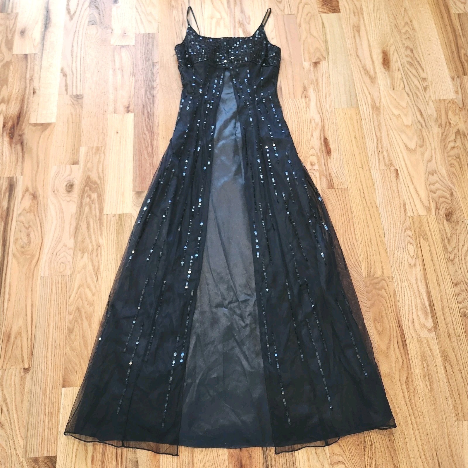 VTG Y2K Black Sequin Tulle Maxi Prom Dress Split Mesh Overlay Evening Gown Small