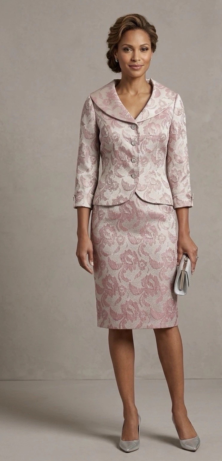 Vintage Maggy London Jacquard Pink Suit Set Mother Of Bride Glam Formal Size 4