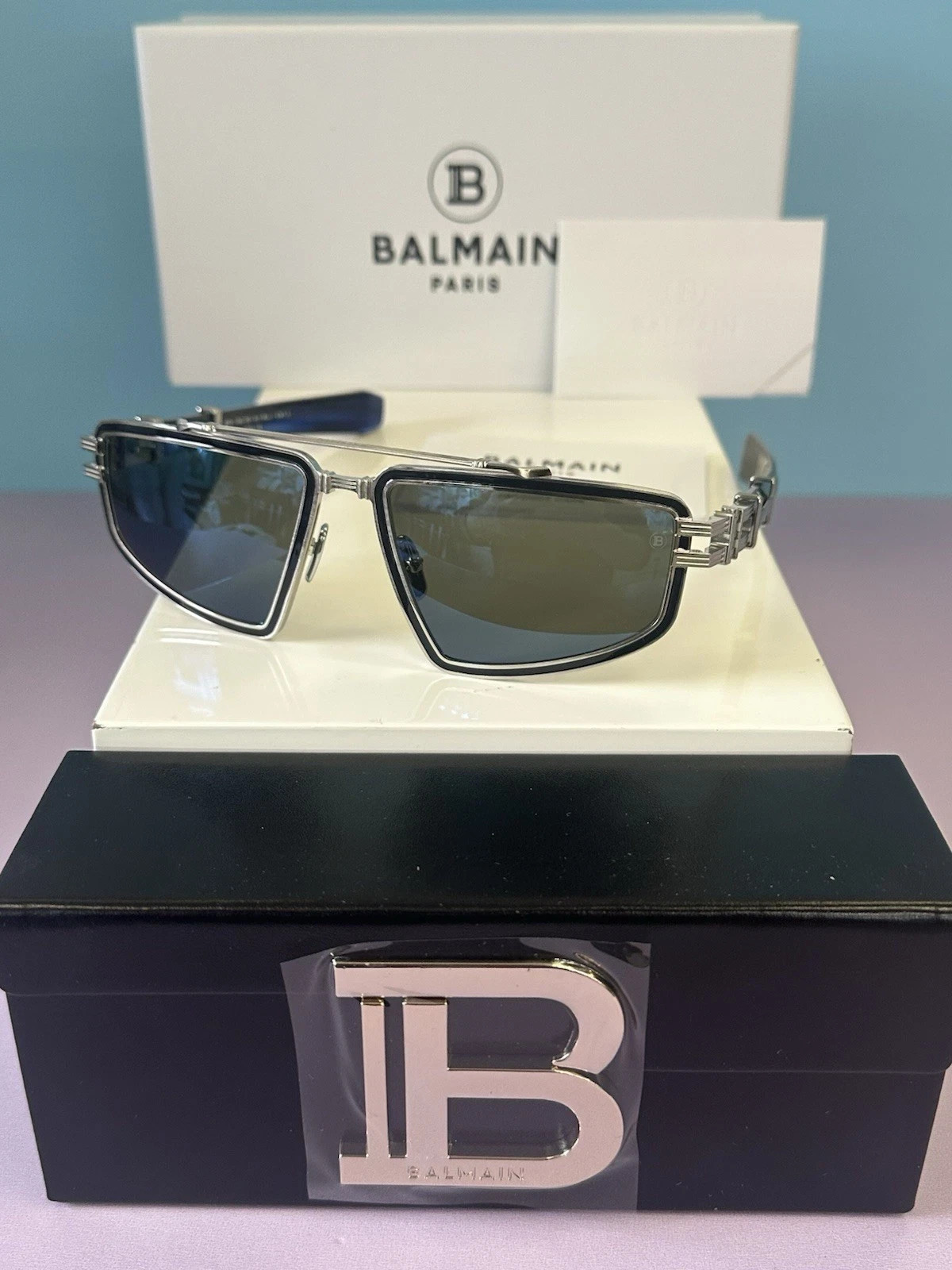 AUTHENTIC BALMAIN PARIS  BPS-139C 59mm  TITAN SUNGLASSES SILVER & BLUE SWIRL NEW