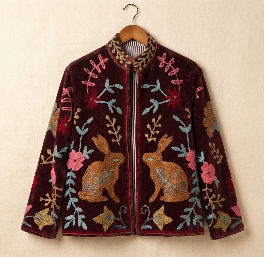 Handmade Velvet Suzani Jacket Women Maroon Floral Rabbit Embroidered Boho Coat