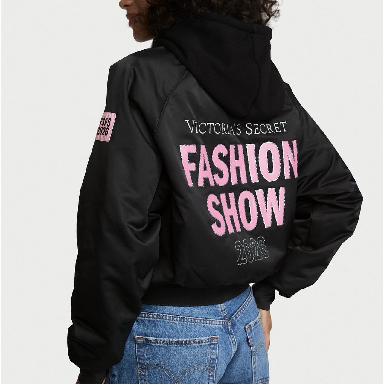 VS 2026 Fashion Show LIMITED EDITION Black Bling Luxe Satin Bomber Jacket XS-2XL