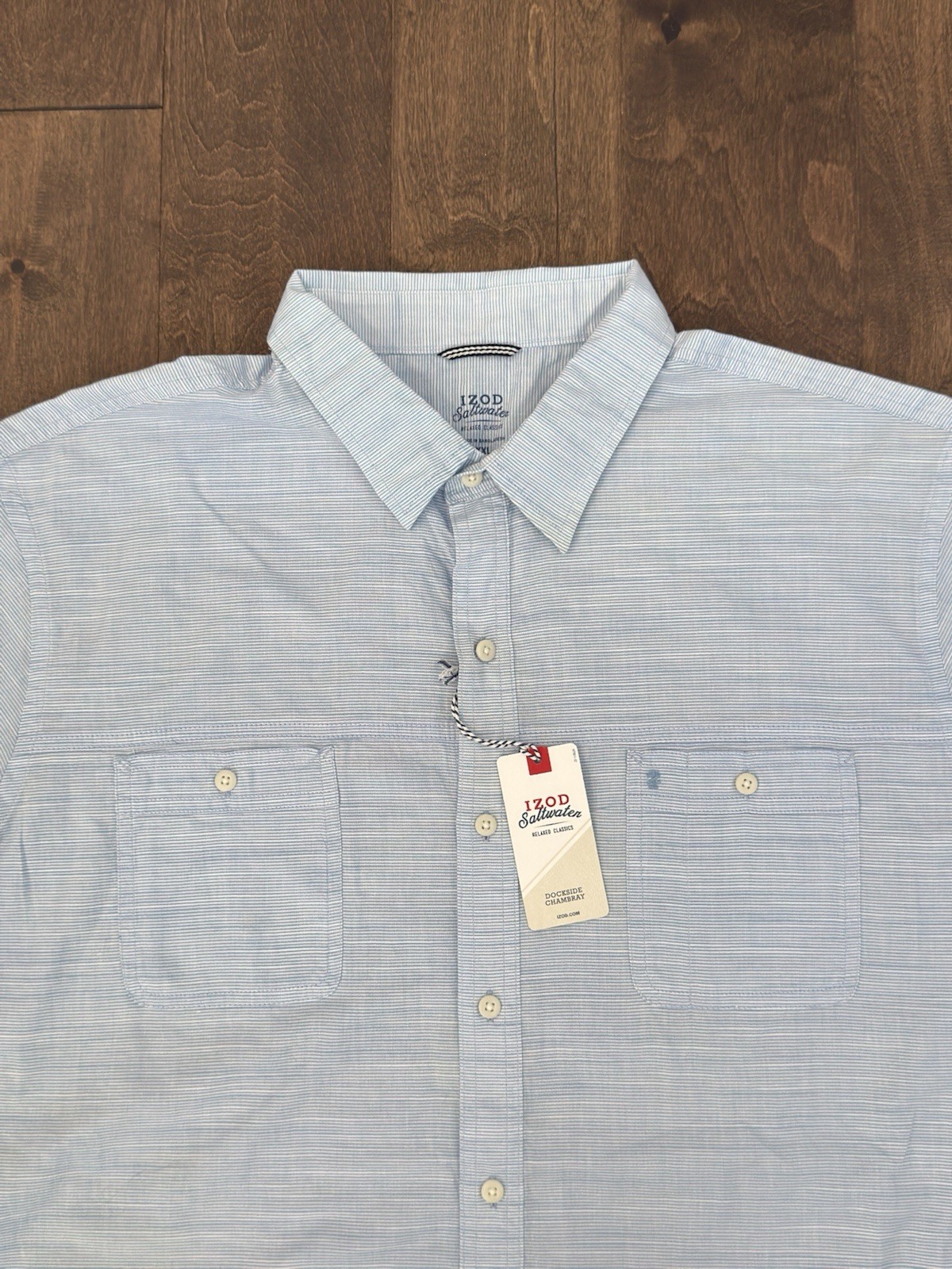 NWT Izod Saltwater Mens 2XL Dockside Chambray Blue Striped Relaxed Classic Shirt