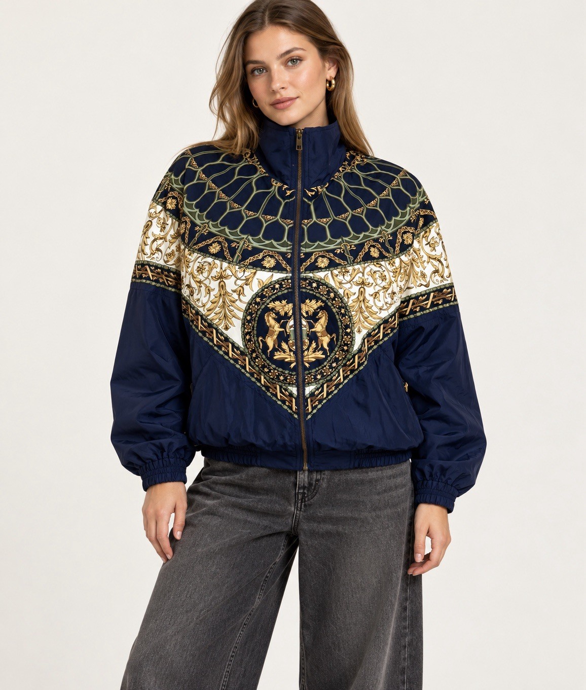 Vintage 80s 90s 100% Silk Scarf Windbreaker Bomber Jacket Horses Retro Fall Coat
