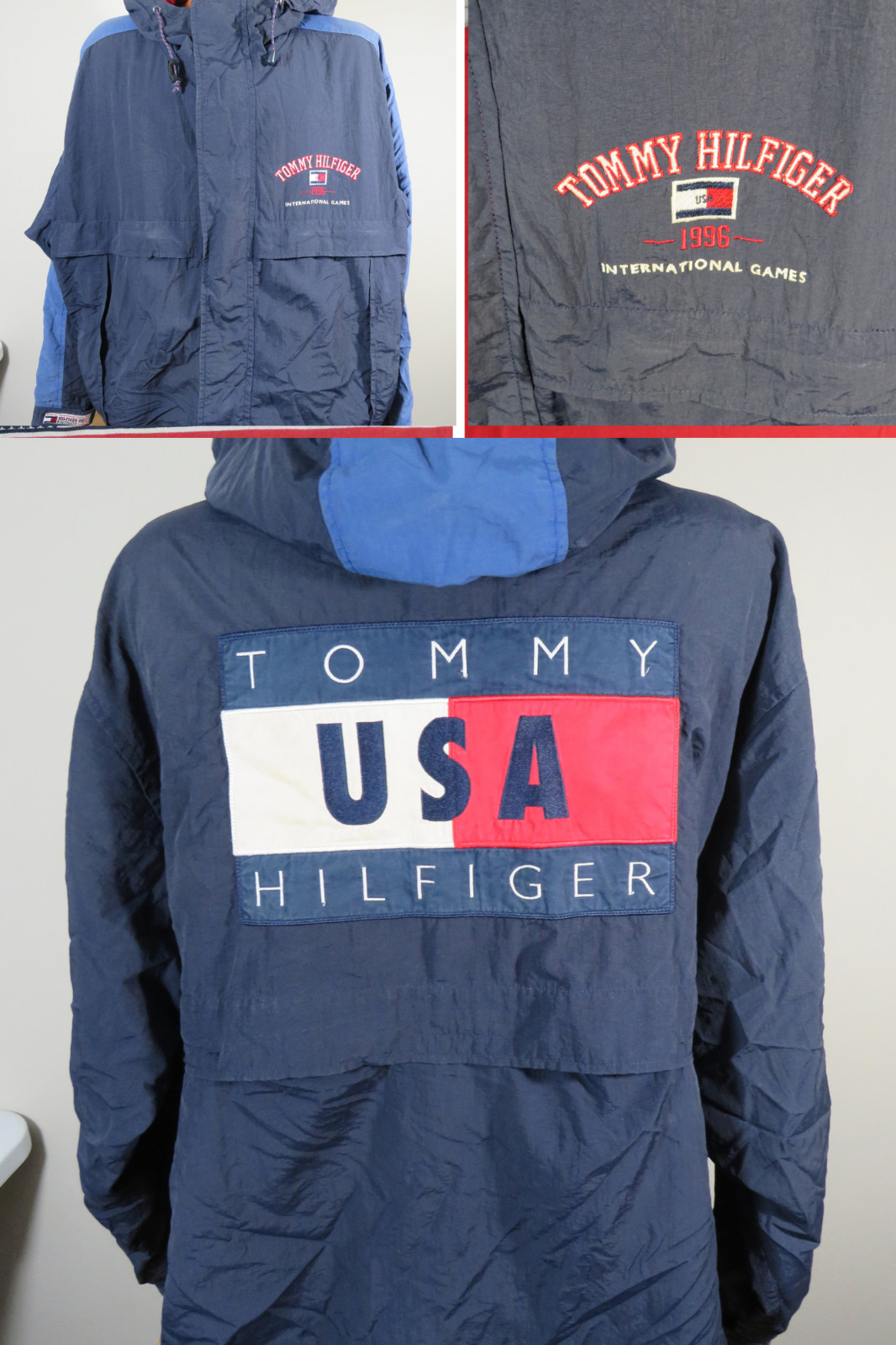 Vintage 1996 Tommy Hilfiger Hooded Large Windbreaker Track Jacket 90\'s Y2K