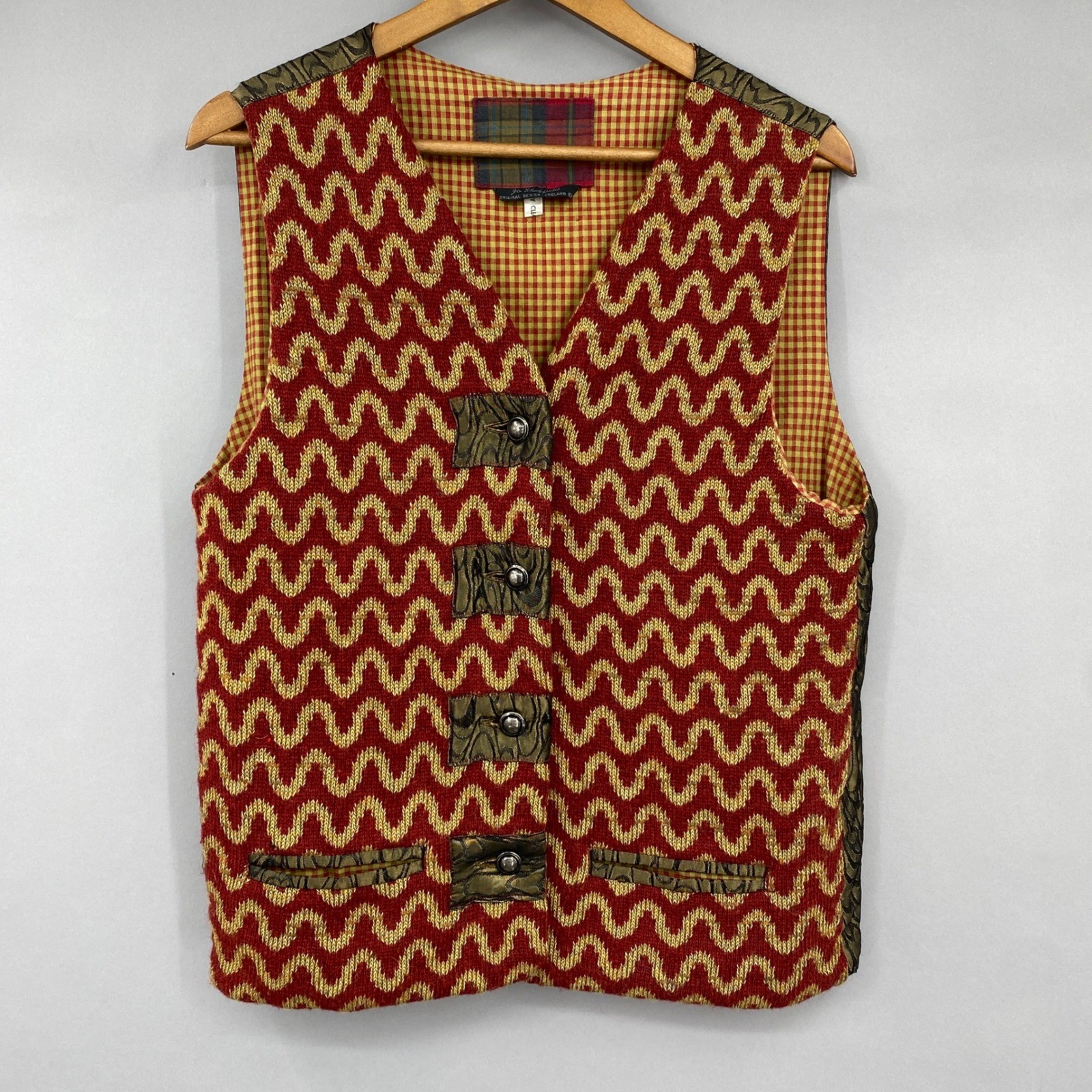 Vtg Jo Sheffield Chevron Knit Metallic Back Vest Womens M England Art to Wear