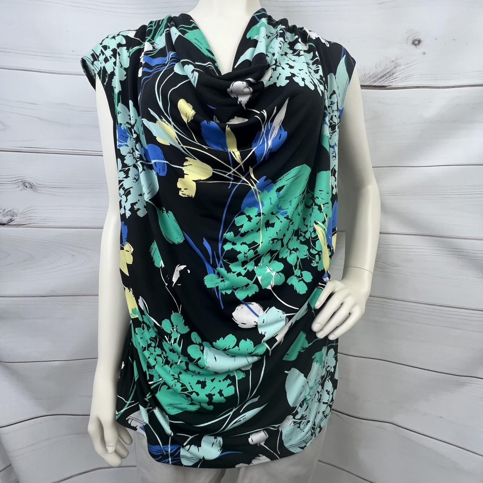 Worthington Woman Plus 2X Black Floral Cowl Neck Cap Sleeve Top