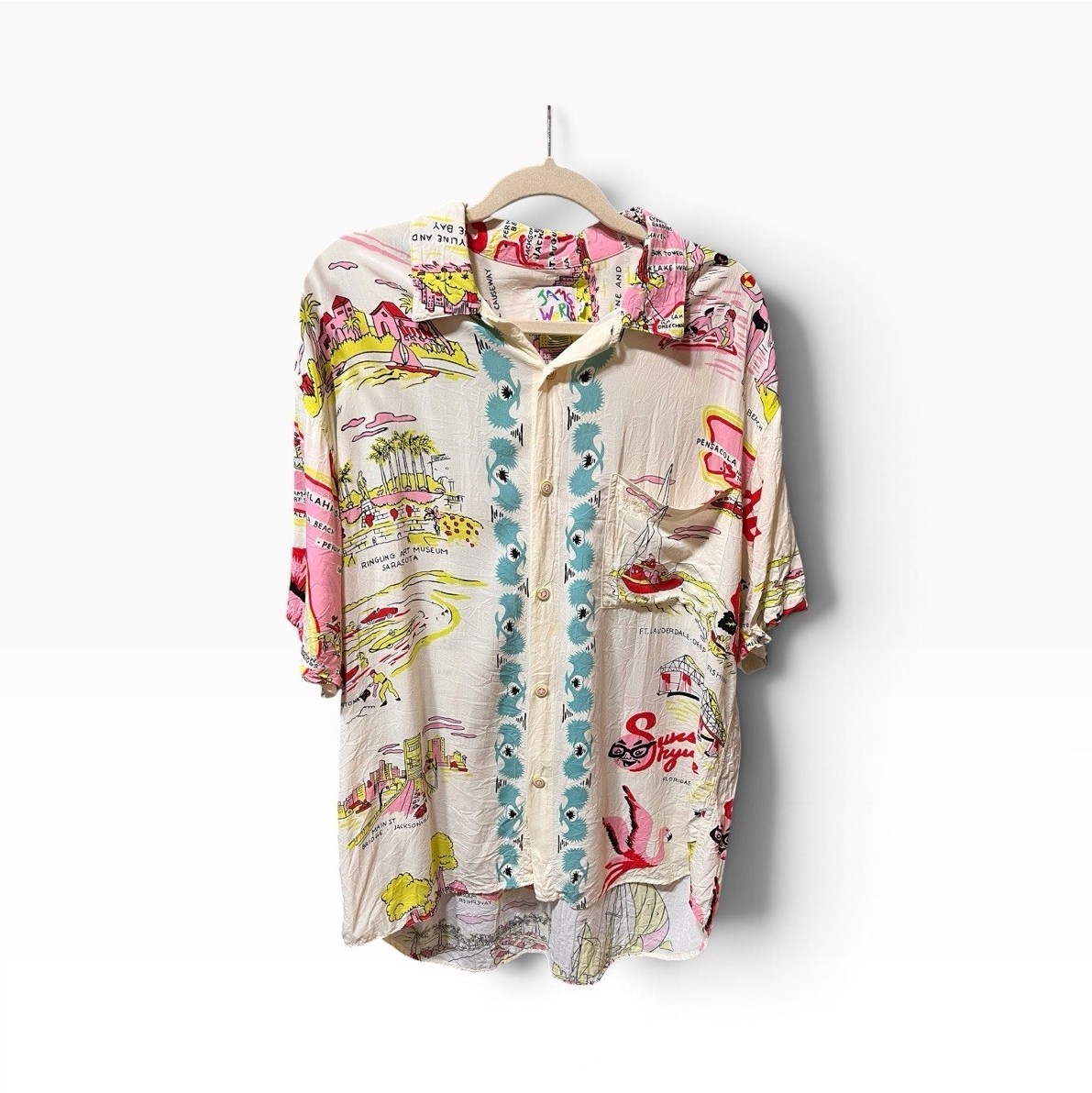 VTG 90s Jams World Florida Map Rayon Shirt Men L Novelty Hawaiian Flawed READ