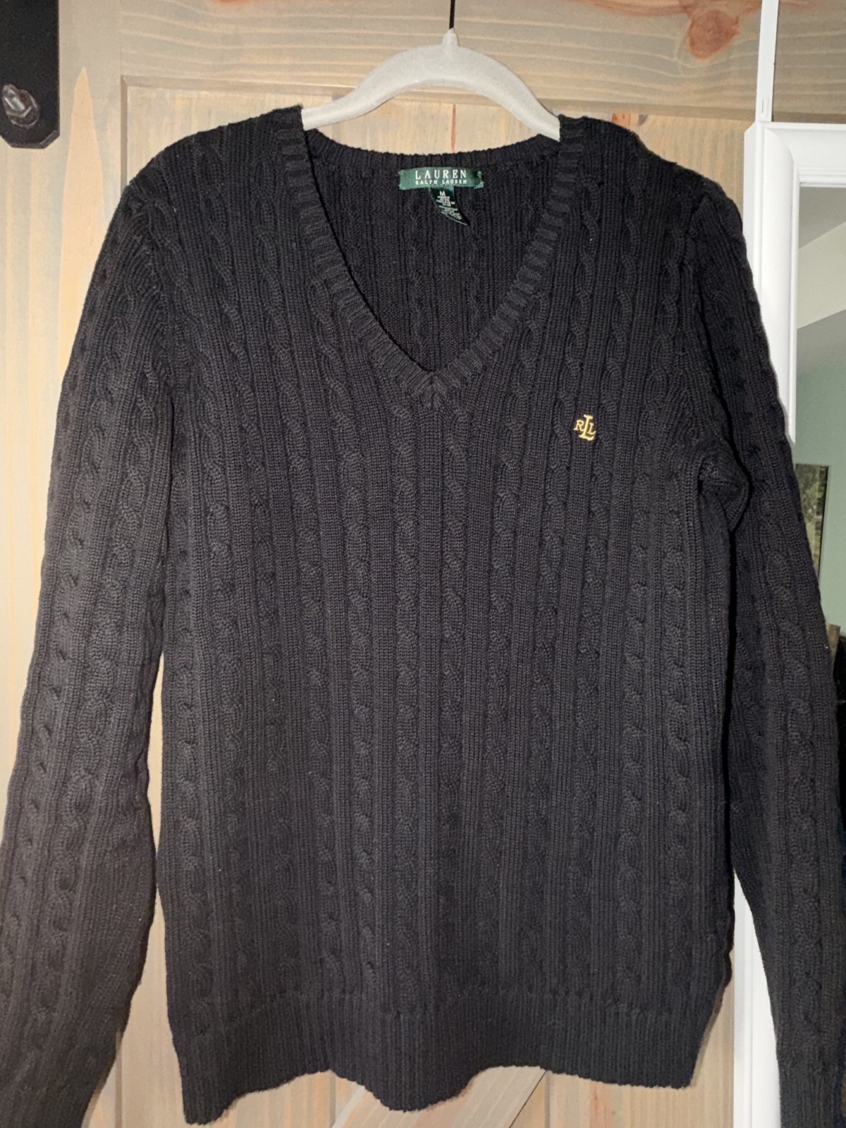 Lauren Ralph Lauren Black Cable Knit V-Neck Sweater – Women\'s Medium