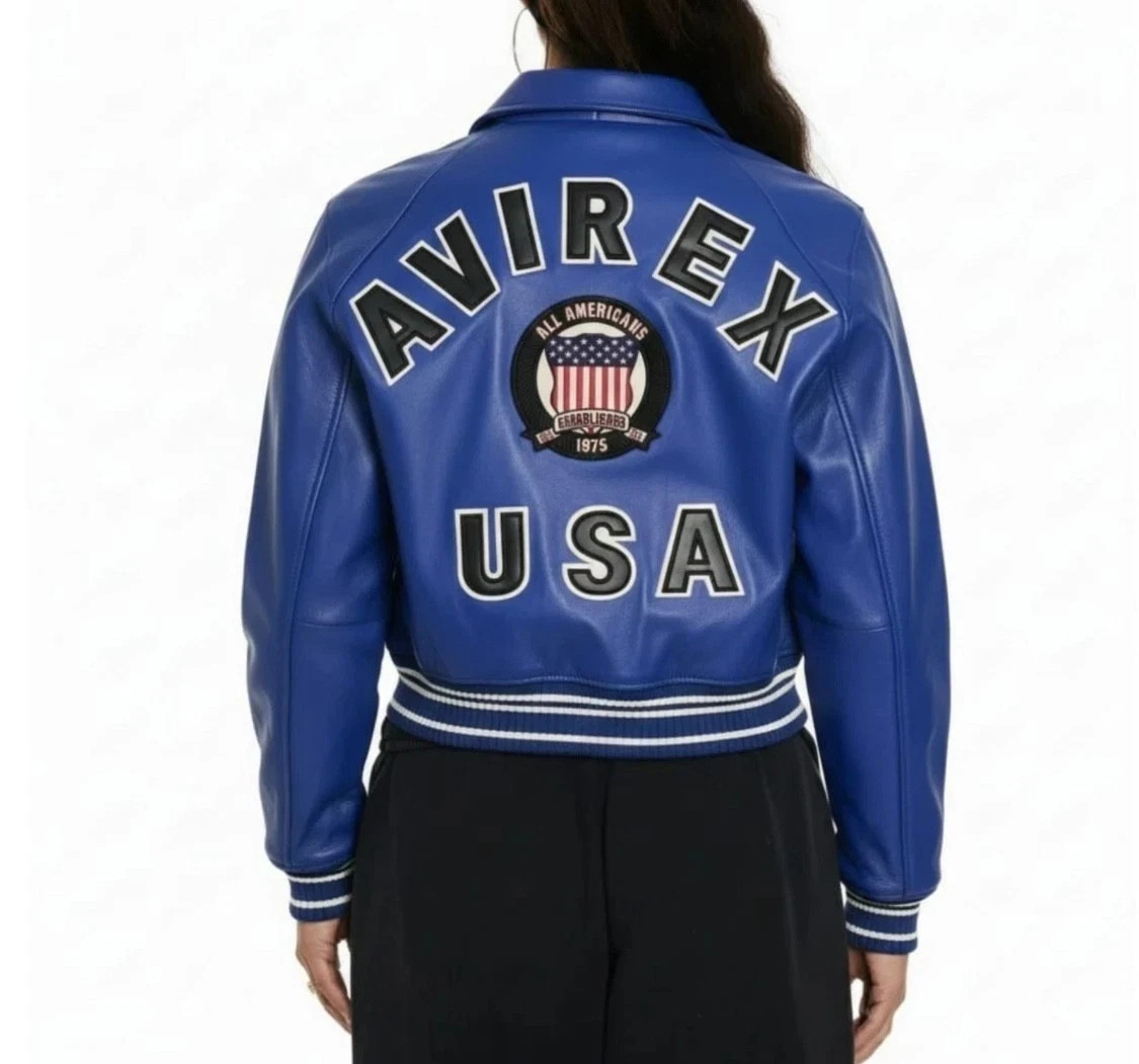 Women\'s Avirex Blue Real Bomber American Flight Jacket Leather Jacket for Ladies