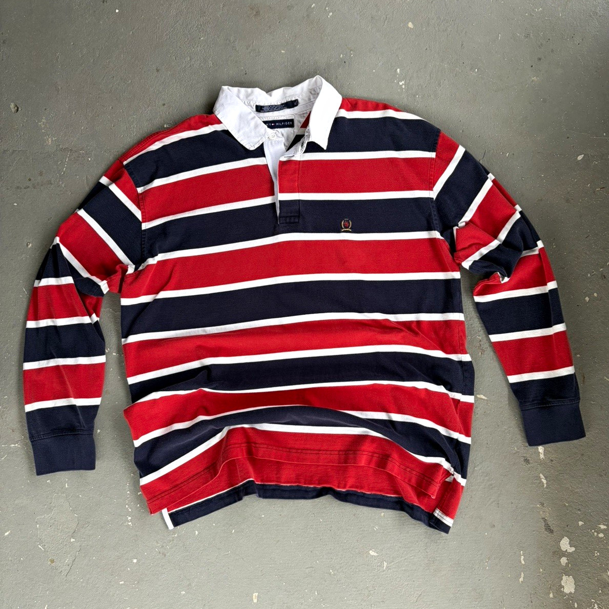 Vintage Tommy Hilfiger Rugby Shirt XL Red Navy White Striped Long Sleeve Polo