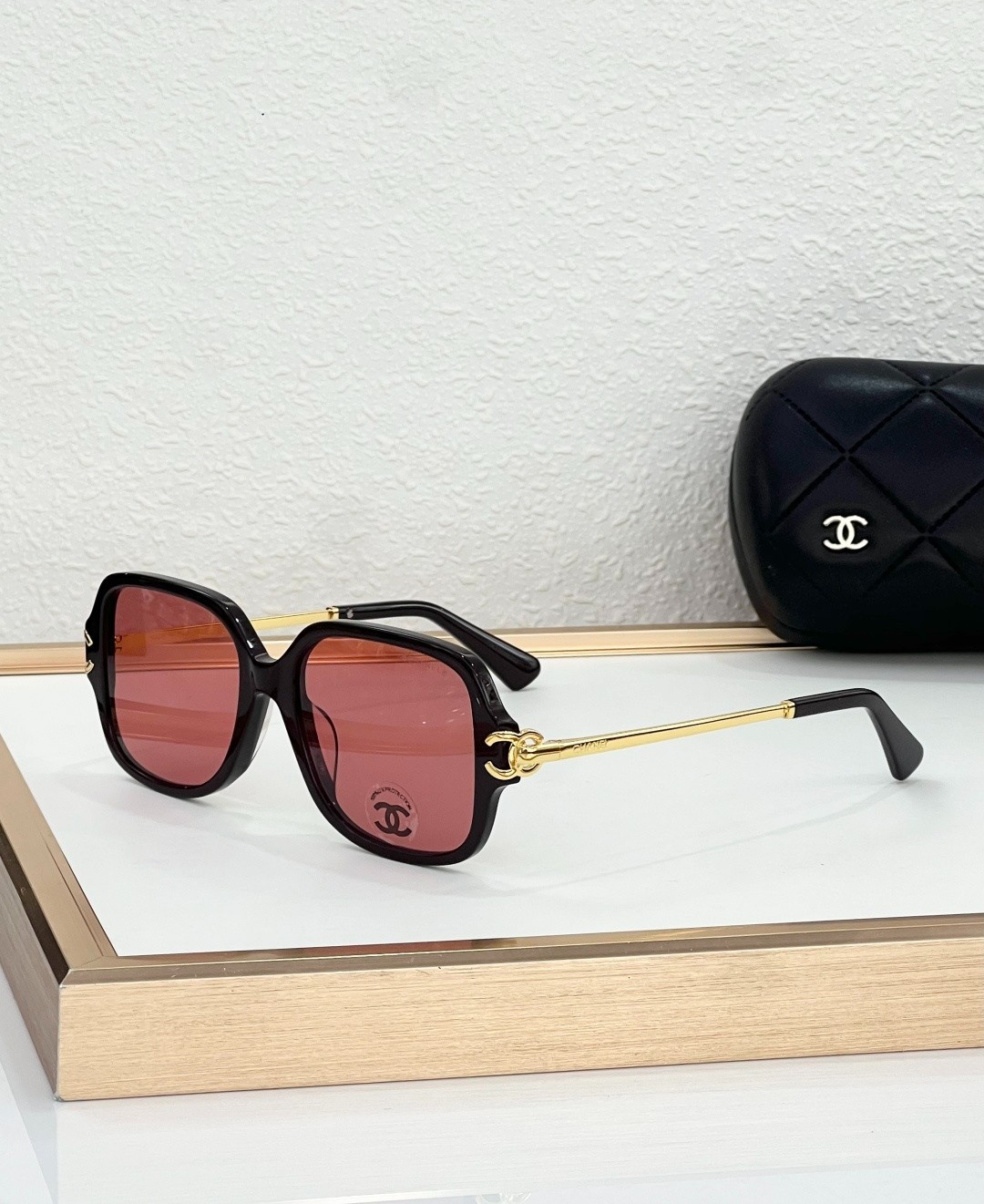 CHANEL CH3516 Black Square Sunglasses Pink Lenses Gold CC Logo 53-17-140