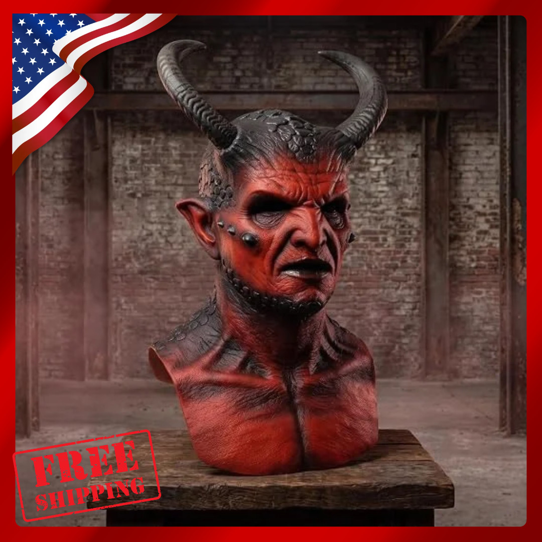 Realistic Latex Demon Mask with Horns Full Face Halloween Cosplay