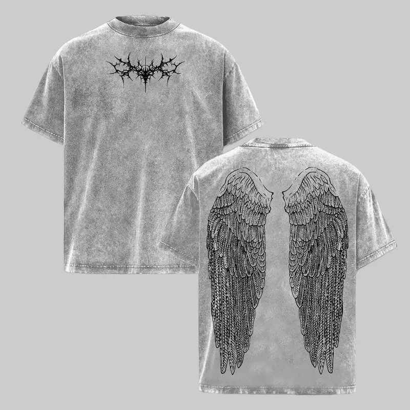 Y2K Gothic Wings Vintage Washed Grunge Loose Cotton Graphic T-shirt