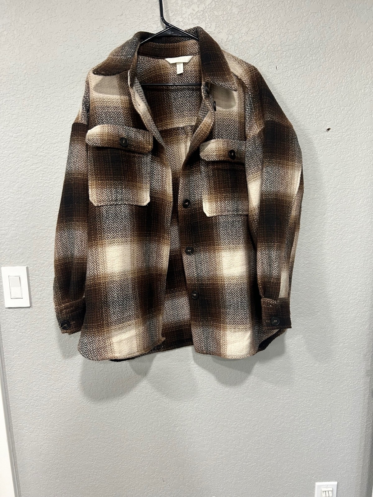 H&M Brown Plaid Wool Blend Shacket Women\'s Size L XL