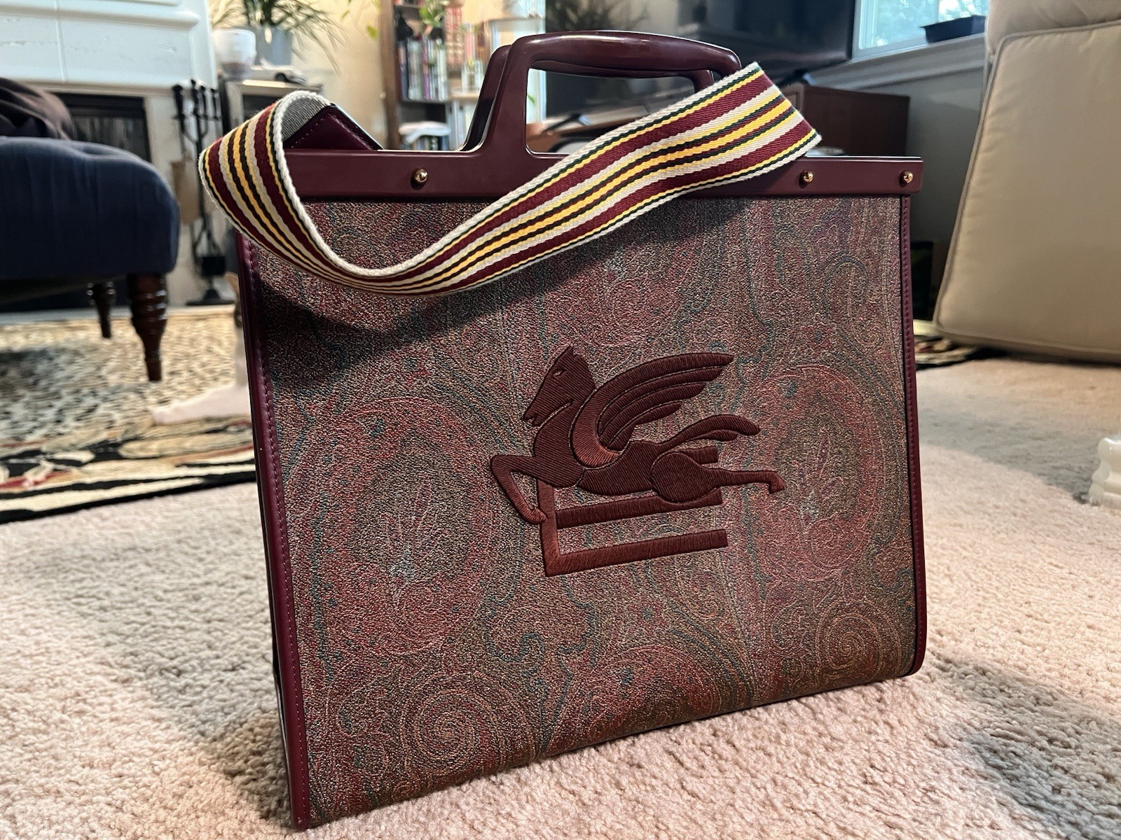 ETRO Love Trotter Medium Burgundy Paisley Jacquard Pegaso Tote Bag 15”