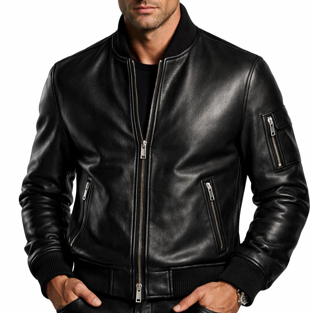 Men's Black Genuine Leather Bomber Jacket Moto Biker Zip Up Motorcycle Coat Slim