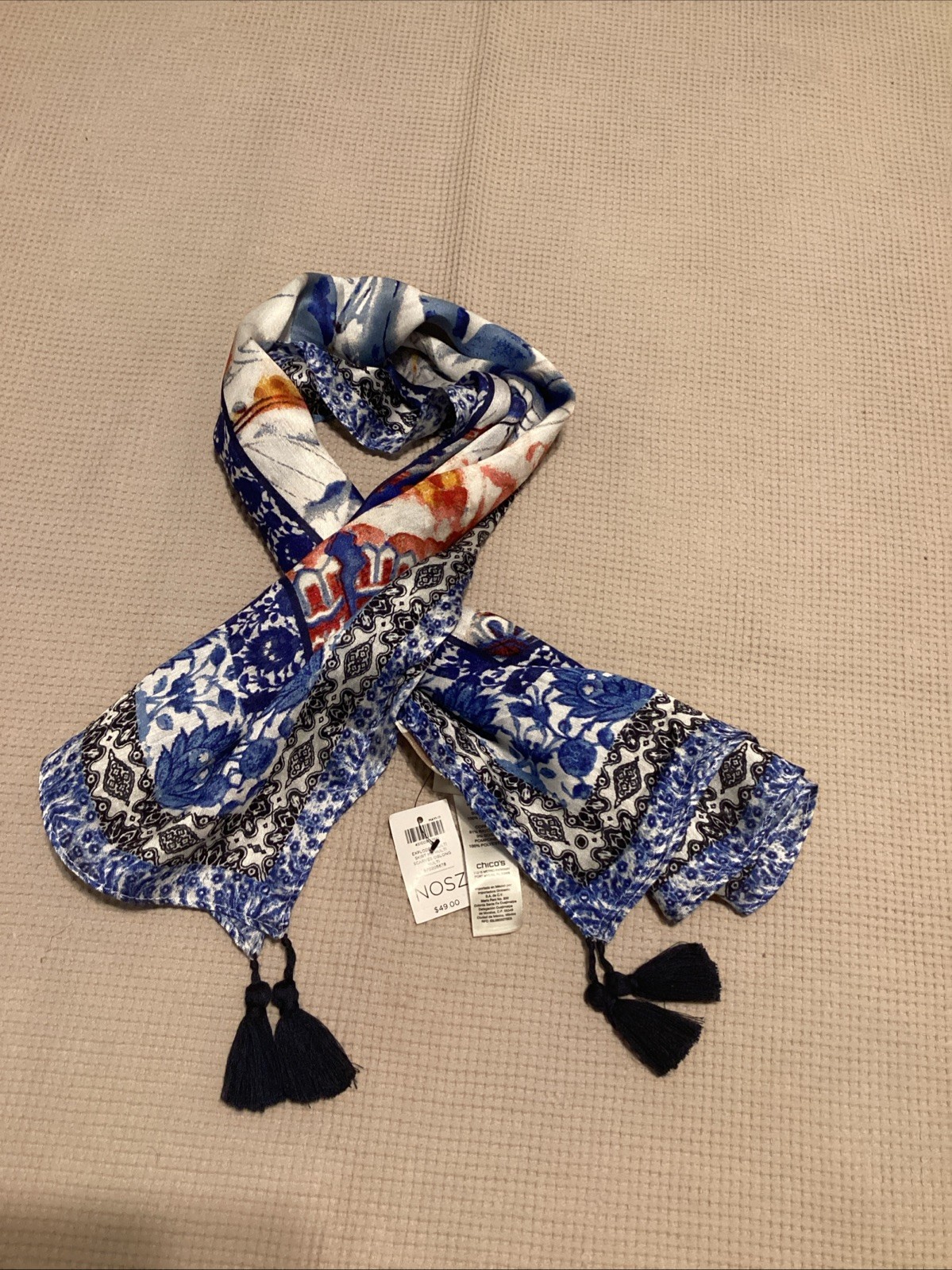 NWT CHICO\'S GRECIAN TILES Women\'s SCARF TASSEL DETAIL  BLUE & WHITE