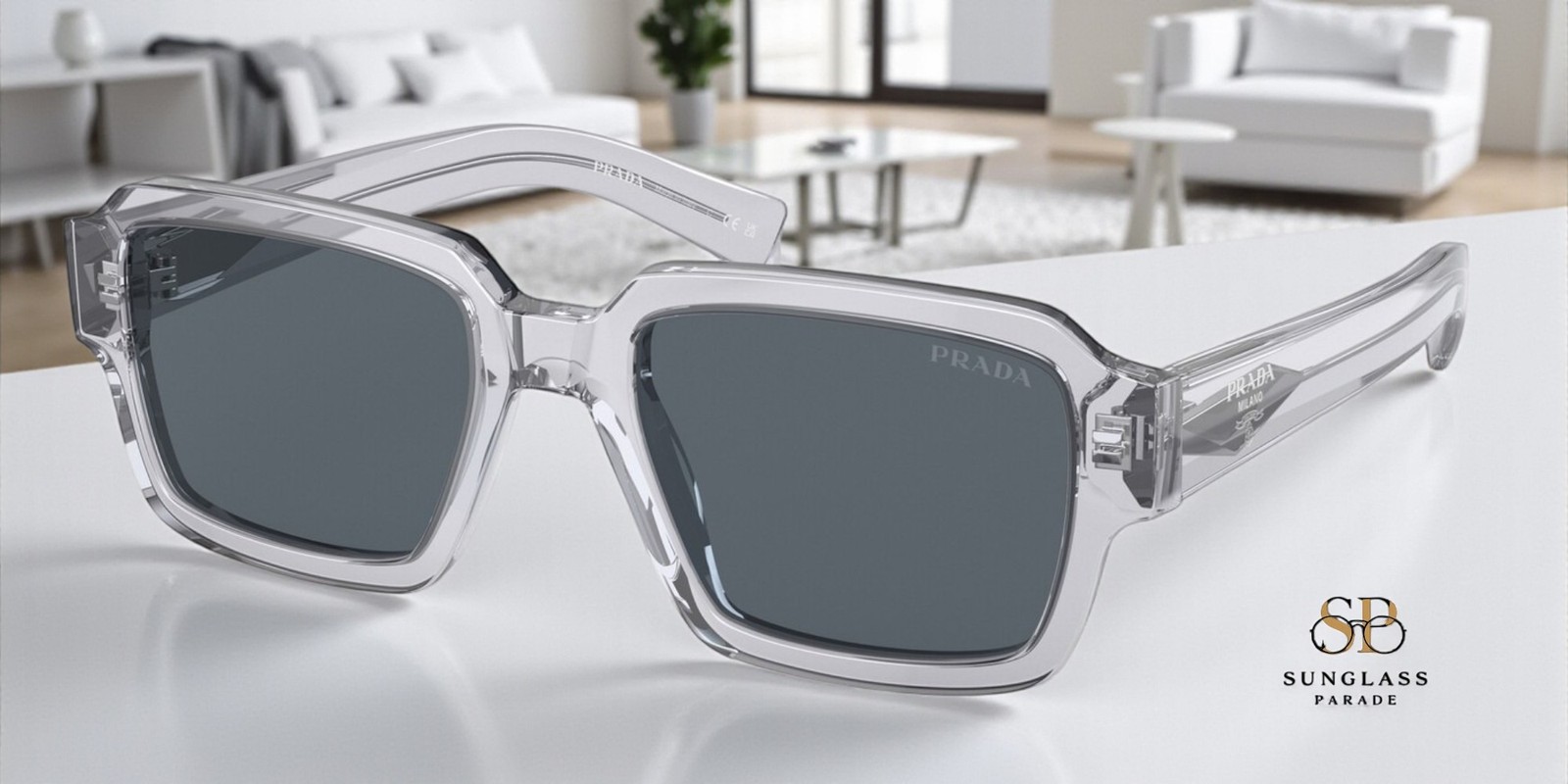 PRADA PR 02ZSF U430A9 Transparent Grey Blue 54 mm Men\'s Sunglasses